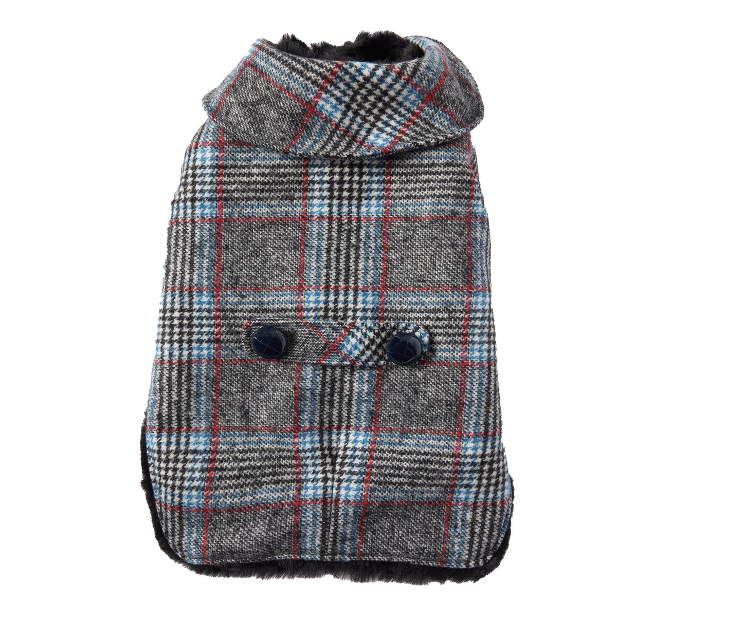 Couture Cashmere Coat w/ Faux Fur Lining - Gray & Blue Plaid