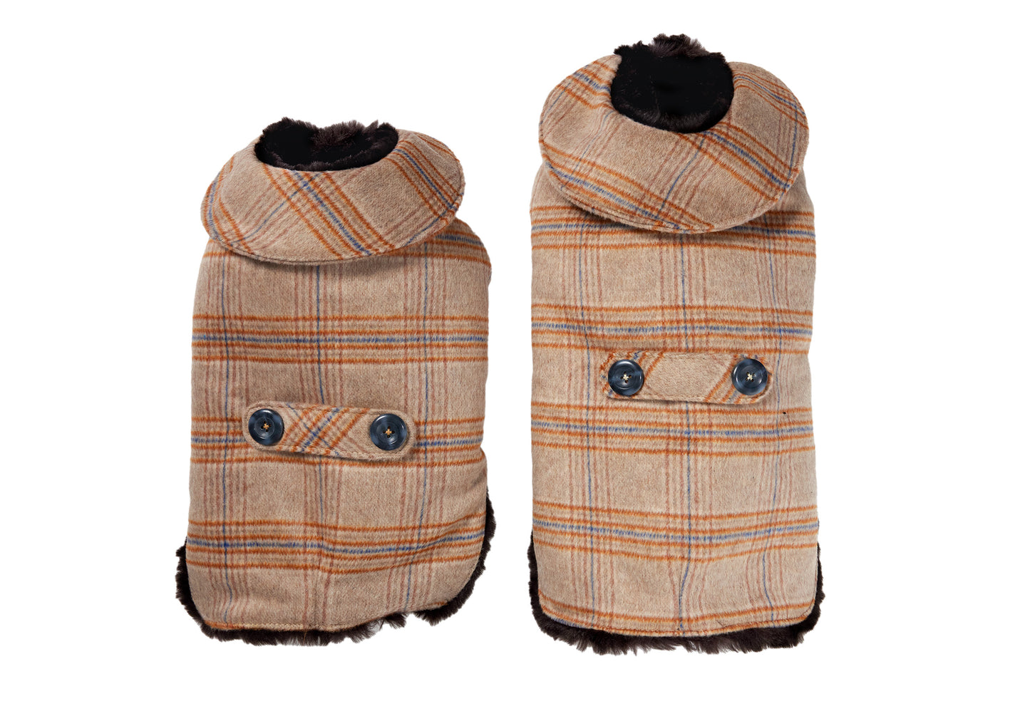 Couture Cashmere Coat w/ Faux Fur Lining - Beige and Orange Plaid