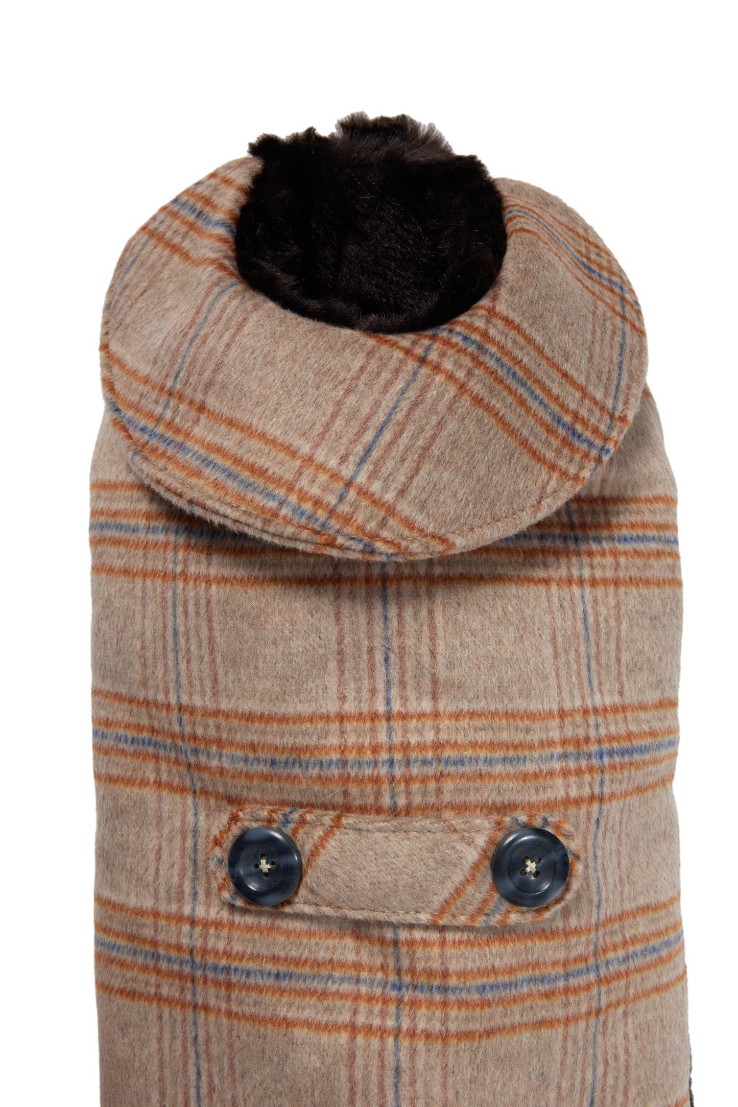 Couture Cashmere Coat w/ Faux Fur Lining - Beige and Orange Plaid