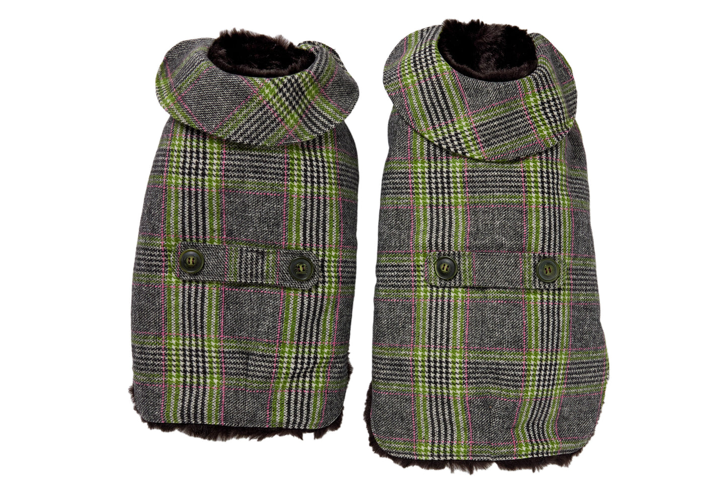 Couture Cashmere Coat w/ Faux Fur Lining - Gray and Green Plaid