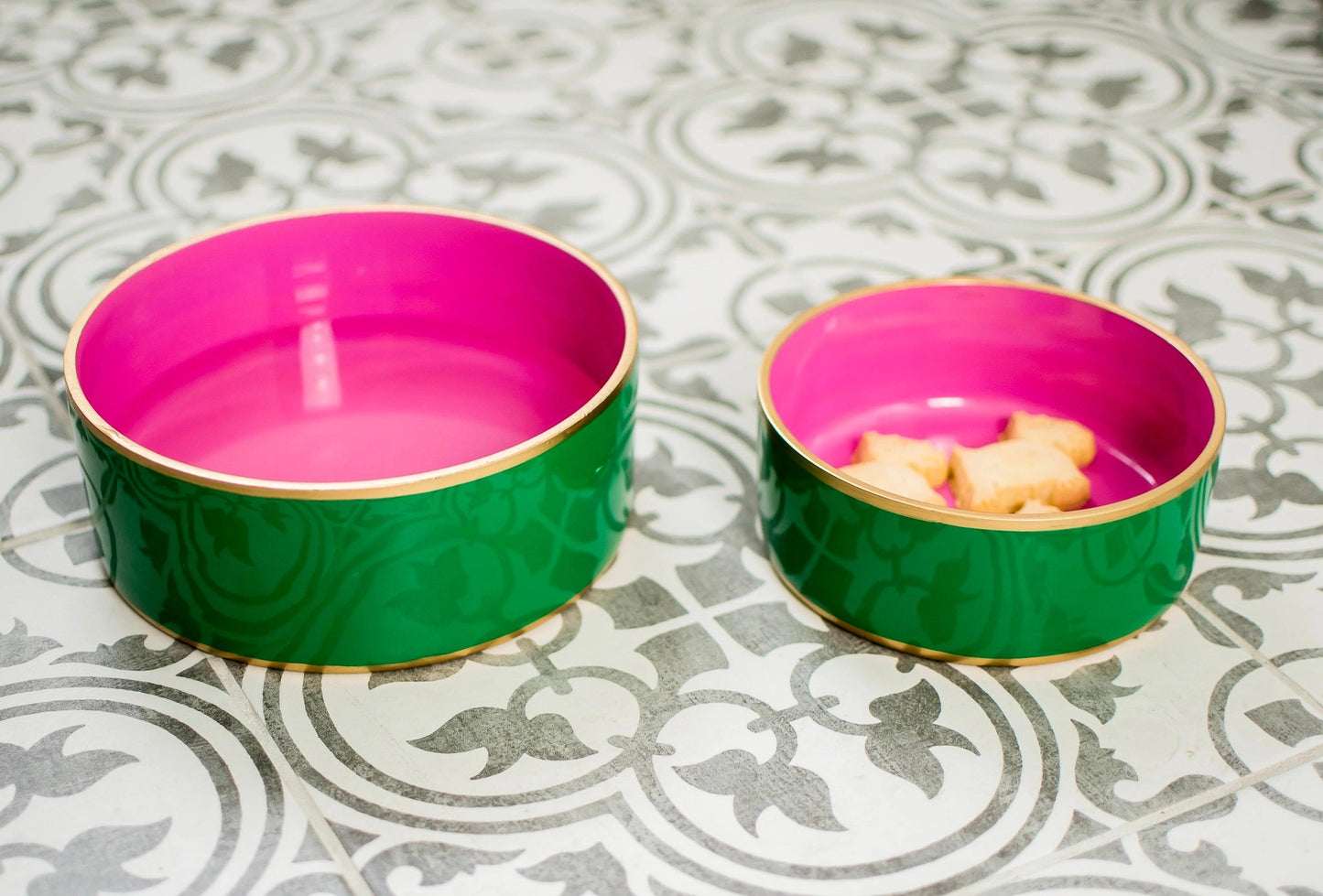 Enameled Ceramic Pet Bowl - White & Green